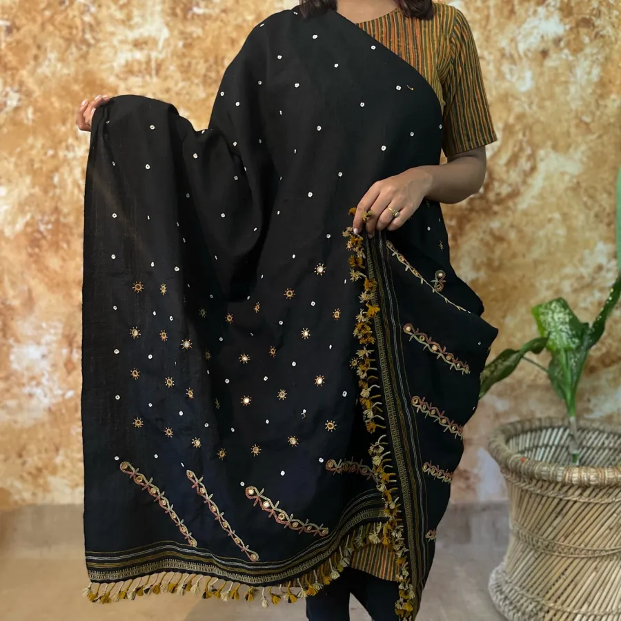 100% Handmade, Rabari Women Embroidered, Bandhani Shawl