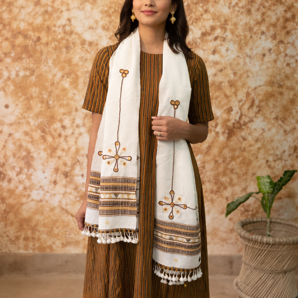 100% Handmade Rabari Embroidered Off-White Stole