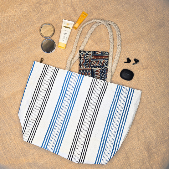 Rajiben- Black & Blue Stripe Upcycled Plastic Handwoven Rectangular Shoulder Bag - Image 3
