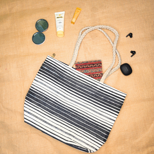 Rajiben- Blue & White Horizontal Stripe Upcycled Plastic Handwoven Rectangular Shoulder Bag - Image 4