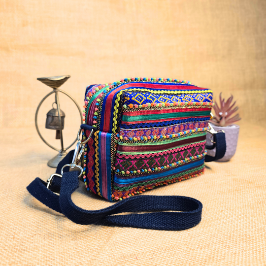 Pabiben- Blue & Multicolour Hari Jari Art Pabi Box Sling Bag - Image 3