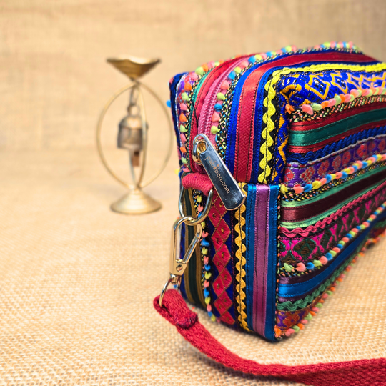 Pabiben- Red & Multicolour Hari Jari Art Pabi Box Sling Bag - Image 3