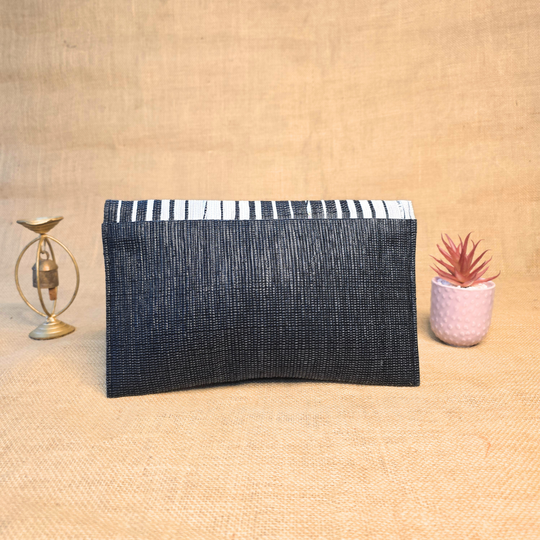 Rajiben- Black & White Stripe Upcycled Plastic Handwoven Clutch - Image 3