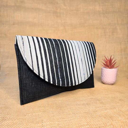 Rajiben- Black & White Stripe Upcycled Plastic Handwoven Clutch - Image 4