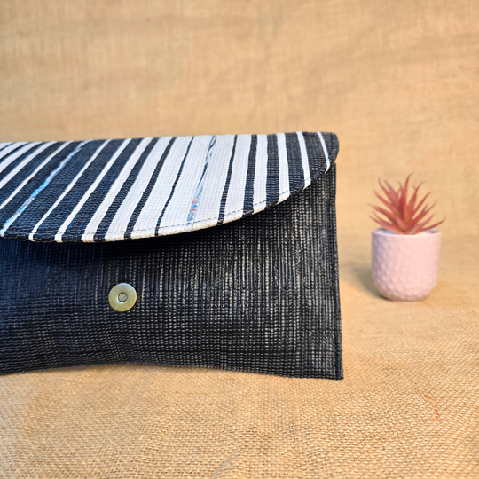 Rajiben- Black & White Stripe Upcycled Plastic Handwoven Clutch - Image 5