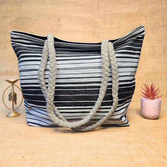 Rajiben- Blue & White Horizontal Stripe Upcycled Plastic Handwoven Rectangular Shoulder Bag - Image 3