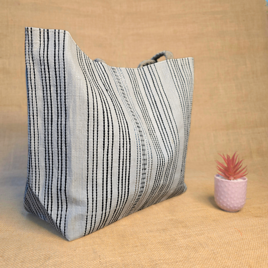 Rajiben- White & Black Stripe Upcycled Plastic Handwoven Rectangular Tote Bag - Image 3